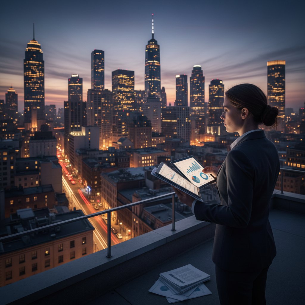 A person standing over a cityscape at dusk, gripping financial reports with a determined expression, symbolizing vigilance and responsibility