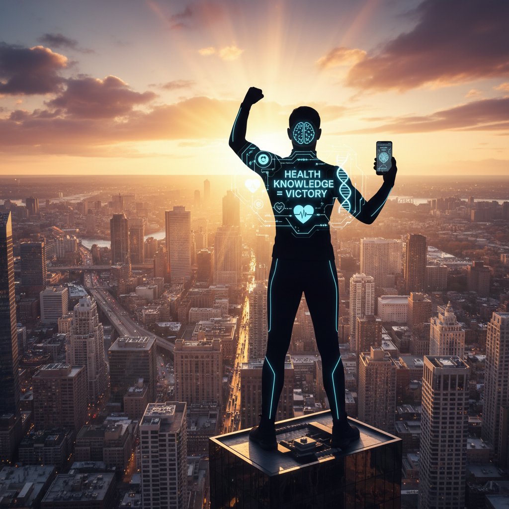 Osoba unosząca rękę w geście zwycięstwa na tle miasta, z uśmiechem i smartfonem w dłoni; klimat: siła, temat: rzetelna wiedza o chorobach