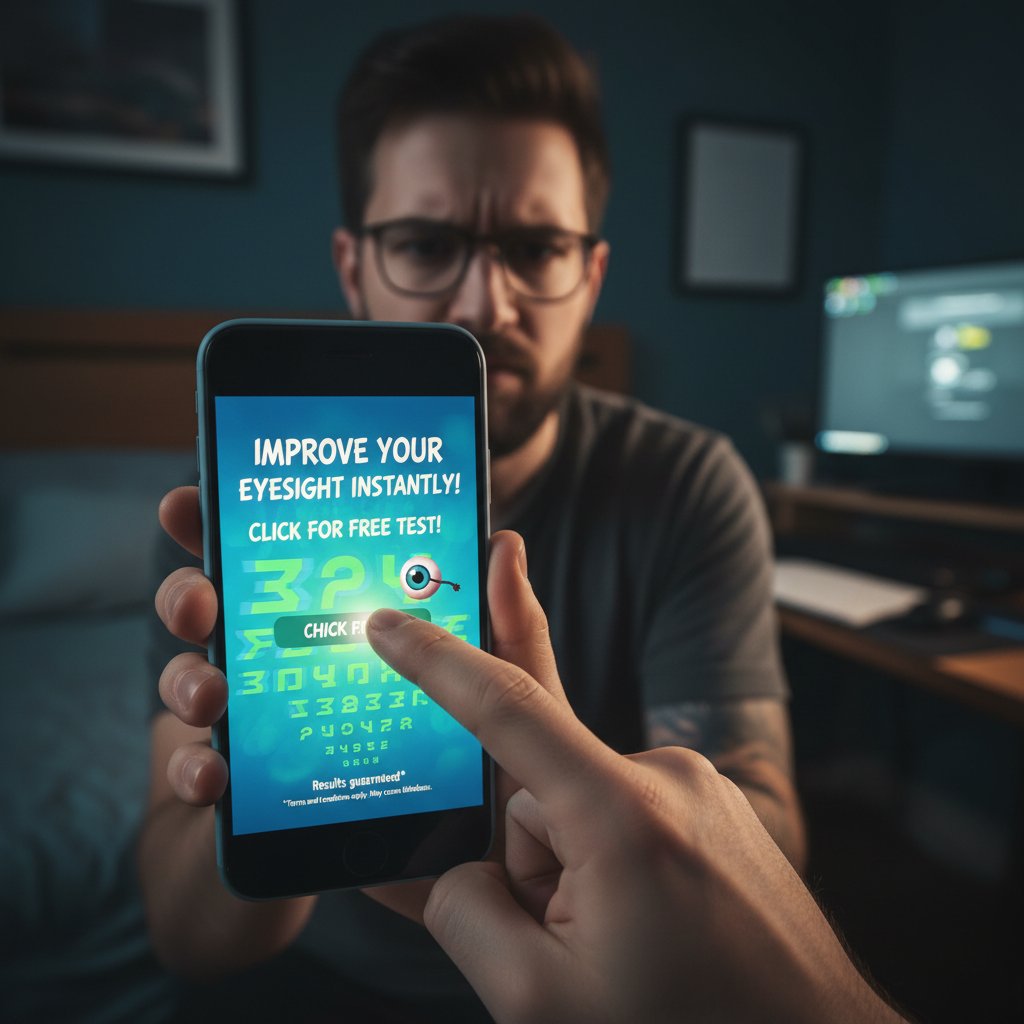 Osoba klikająca w podejrzaną reklamę testu wzroku na smartfonie