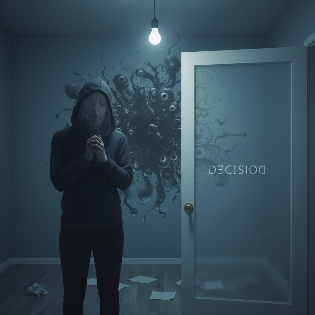 Osoba obserwująca zamknięte drzwi z wyrazem zastanowienia – symbol zdrowego dystansu vs. fobii