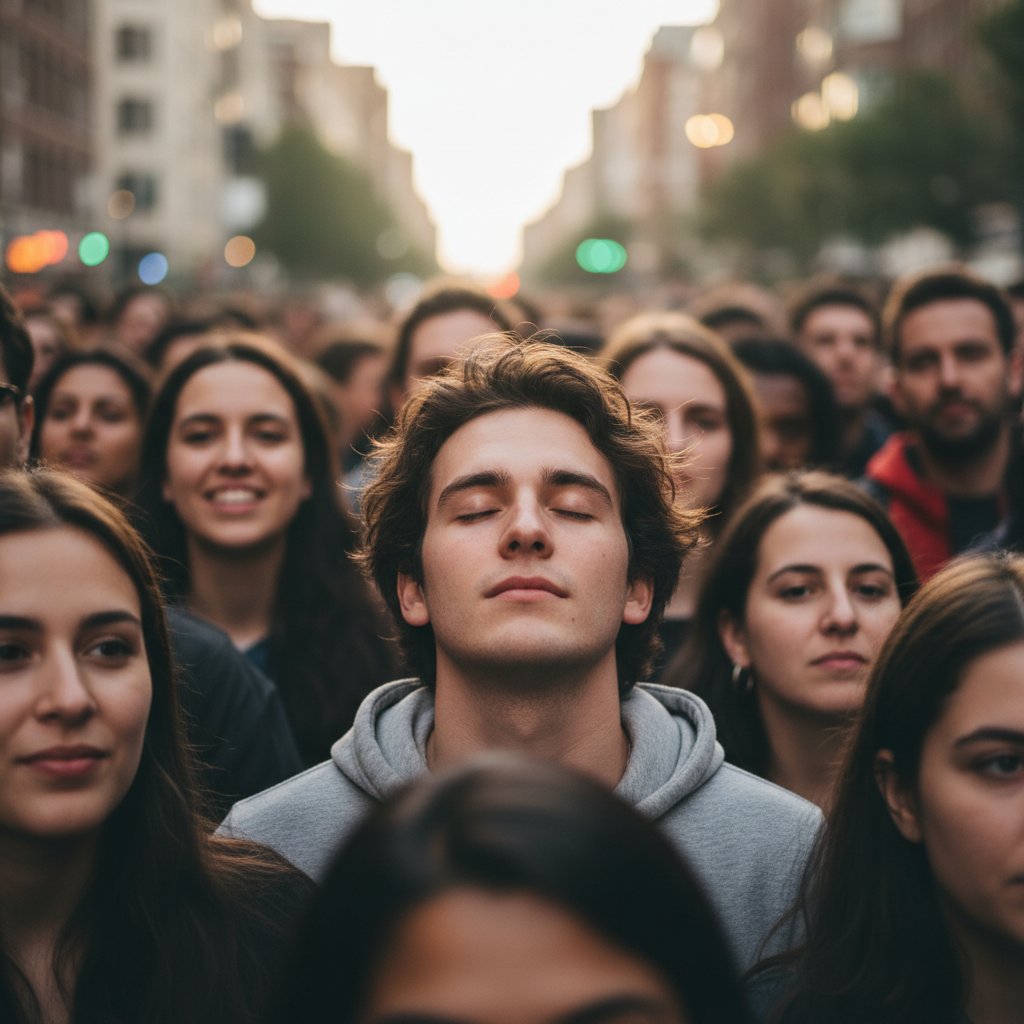 Osoba z zamkniętymi oczami w grupie ludzi, symbolizująca mechanizmy obronne ego