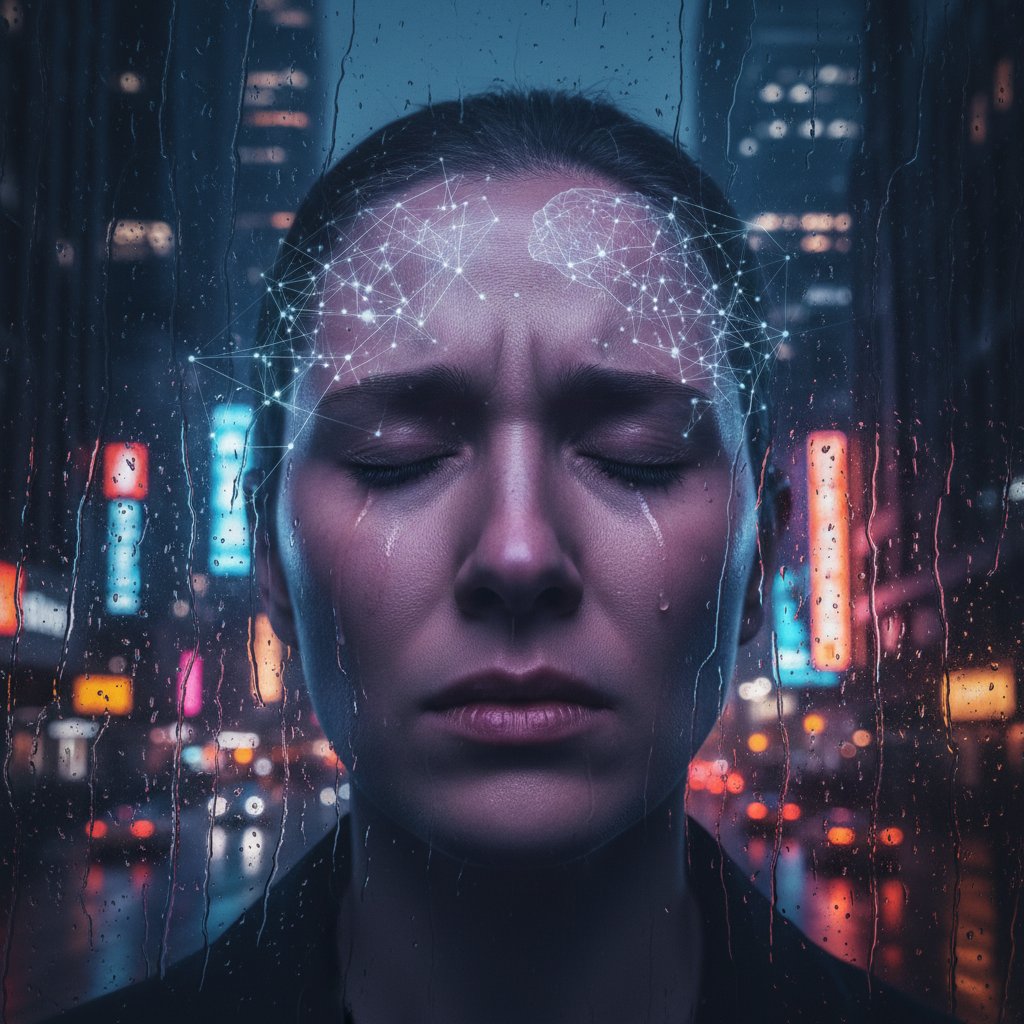 Zbliżenie na osobę z zamkniętymi oczami, wyrażającą walkę wewnętrzną – ilustracja neurobiologicznych skutków hooveringu