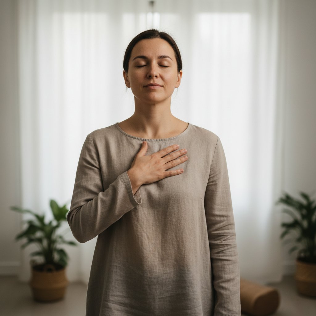 Osoba z zamkniętymi oczami, trzymająca rękę na klatce piersiowej – symbol fizjologii emocji