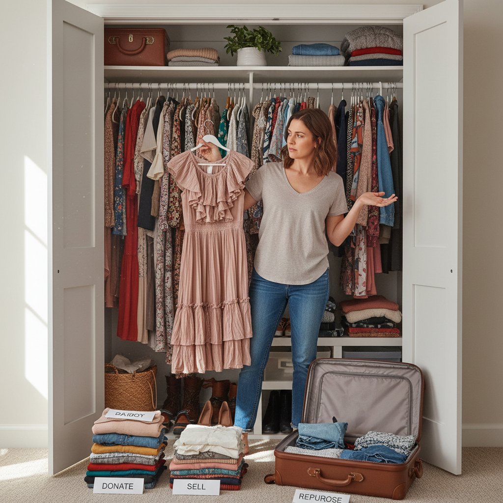 Osoba stojąca przed uporządkowaną szafą, gotowa na zmianę, poczucie świeżości i determinacji