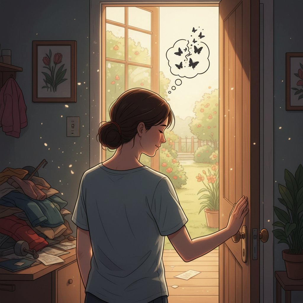 Osoba zamykająca drzwi za sobą z ulgą, ilustracja zerwania toksycznych relacji