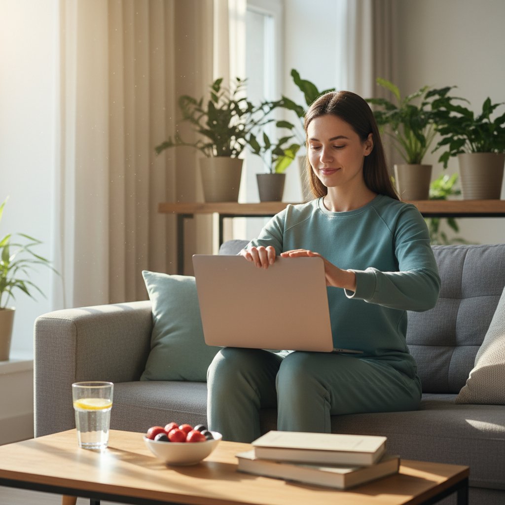 Pewność siebie po zdobyciu wiarygodnej informacji o leczeniu online – osoba zamyka laptopa z uśmiechem, światło dzienne, domowa atmosfera