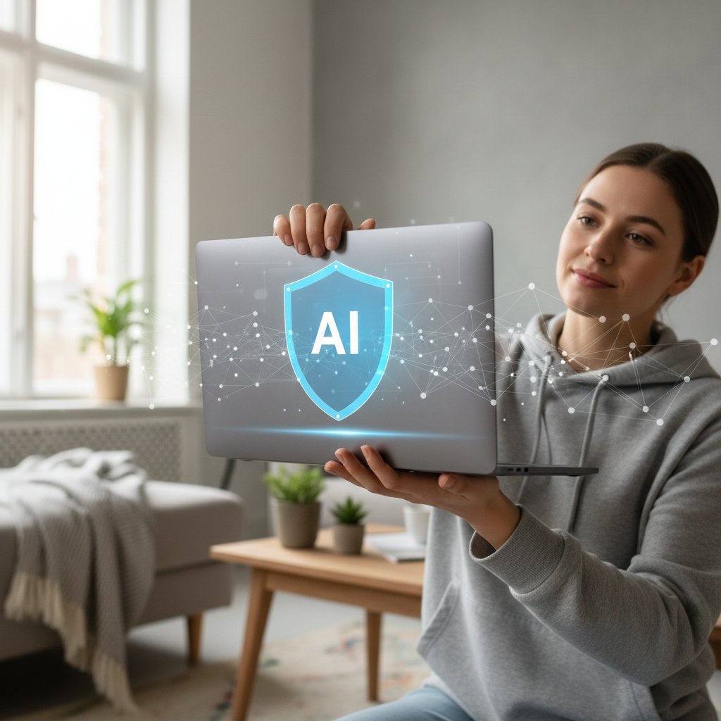 Zdjęcie osoby zamykającej laptopa w domowym zaciszu – symbol troski o prywatność w erze AI