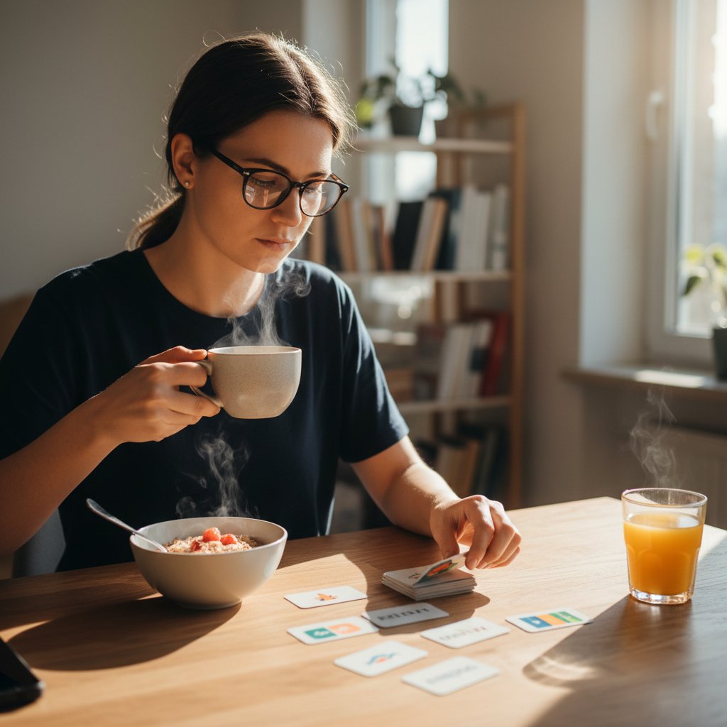 Osoba z kubkiem kawy, przeglądająca fiszki przy śniadaniu – codzienny mikro-nawyk