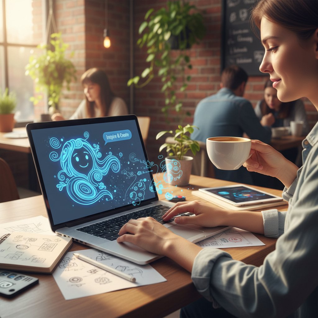 Użytkownik z kubkiem kawy przed laptopem, na ekranie wirtualny kumpel; motyw eksperymentowania i kreatywności