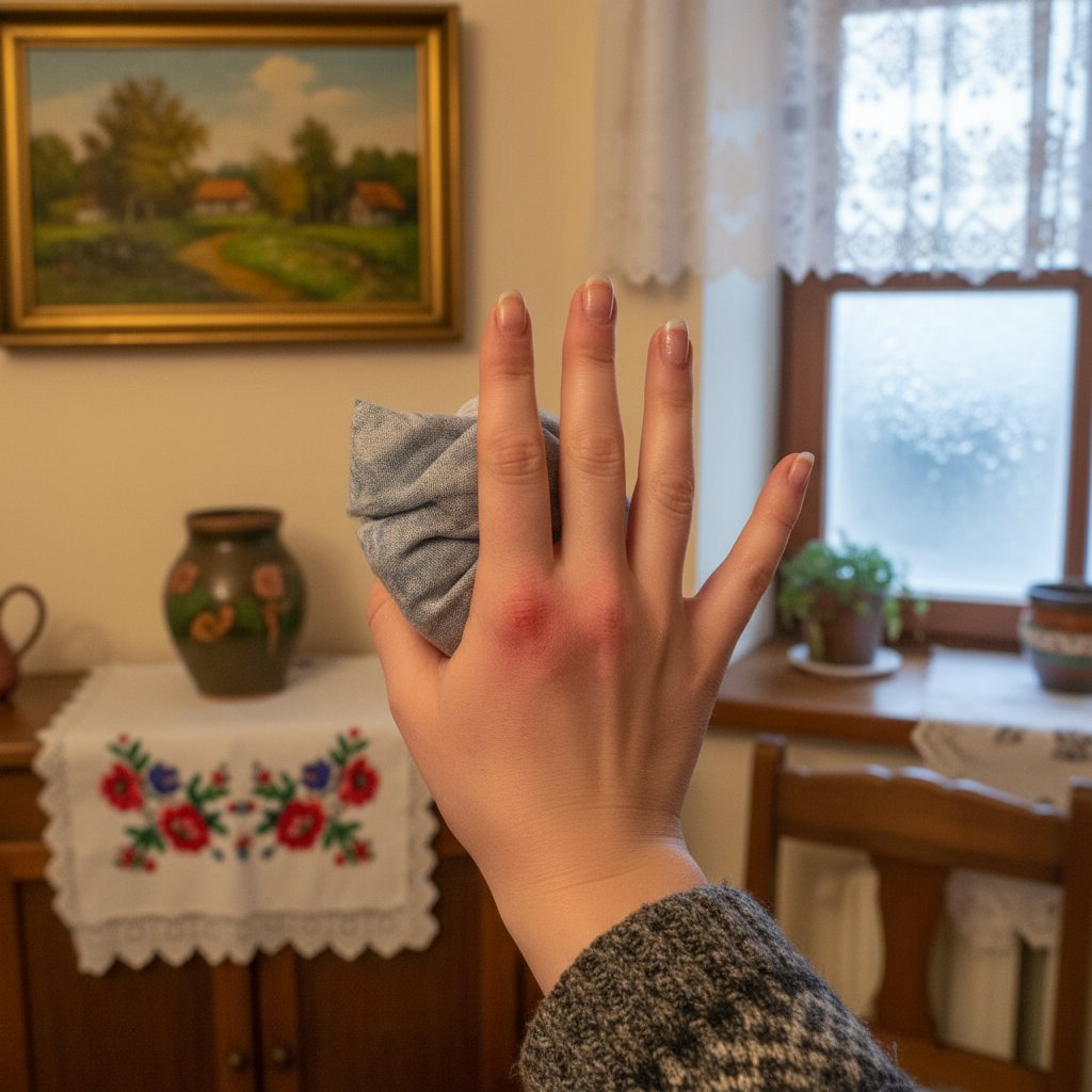 Zdjęcie osoby nakładającej zimny okład na zaczerwienioną rękę po ukąszeniu owada – autentyczny polski dom