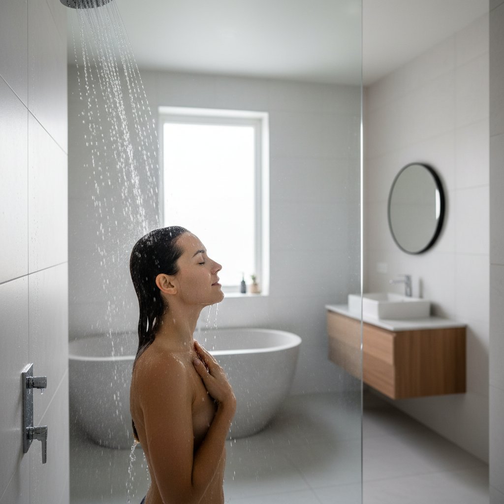 Osoba biorąca zimny prysznic, moment szoku i ulgi na twarzy, łazienka w minimalistycznym stylu