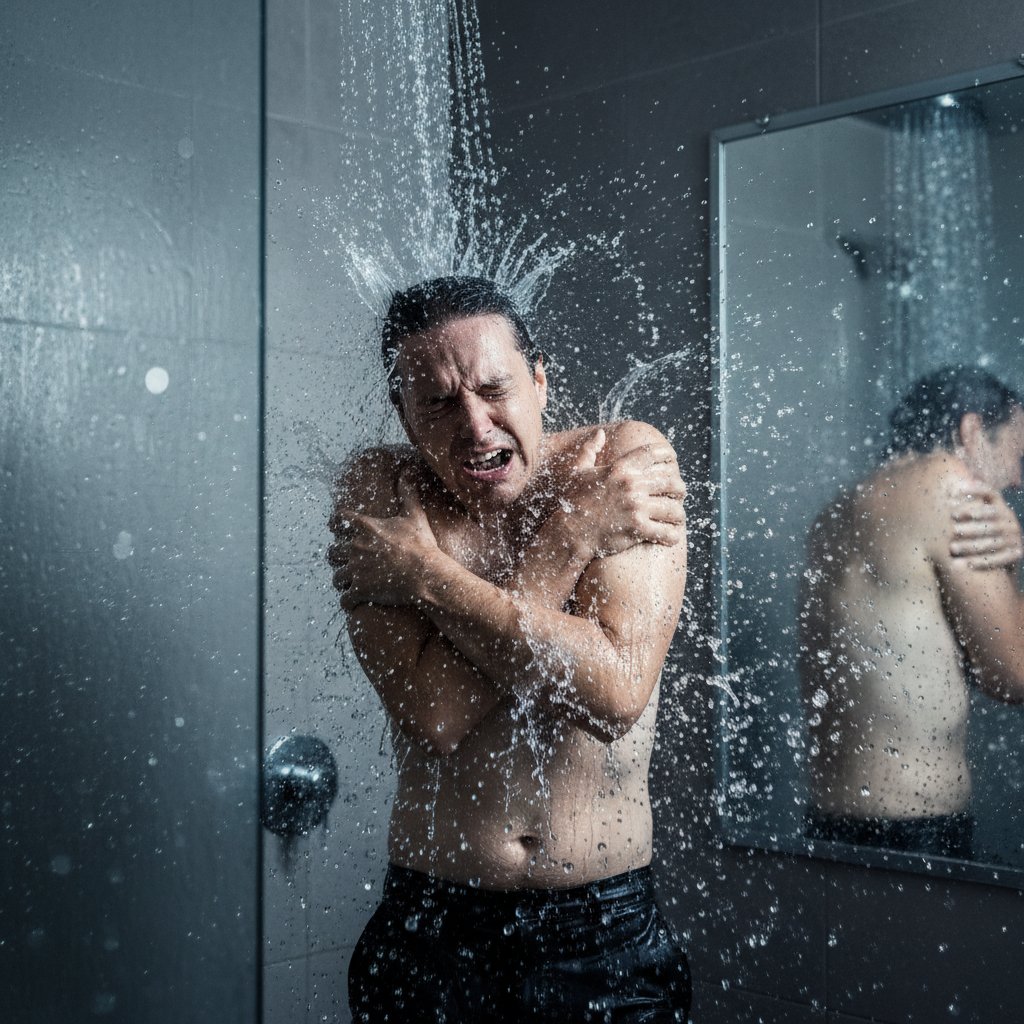 Osoba popełniająca błąd – nagłe wejście pod lodowaty prysznic, wyraz dyskomfortu, dynamiczna scena