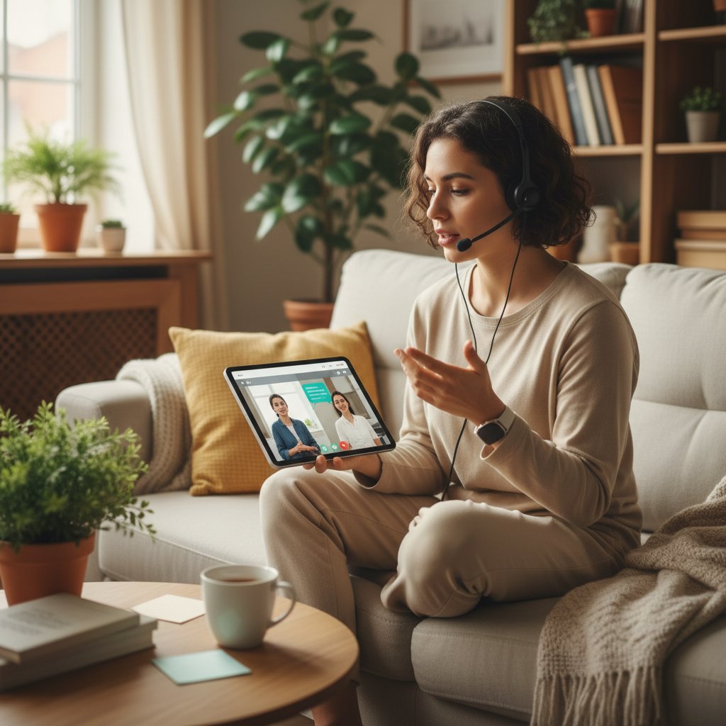 Osoba wykonująca ćwiczenia komunikacyjne z tabletem, spokojna atmosfera domowa