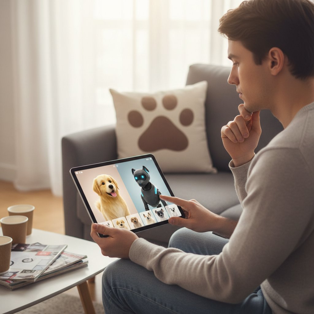 Osoba porównująca różne aplikacje z cyfrowymi psami, wybierająca najlepszą opcję na tablecie