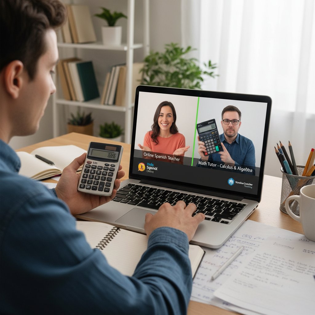 Osoba przeglądająca oferty nauczycieli hiszpańskiego online, analiza cen, laptop, kalkulator, realistyczna scena