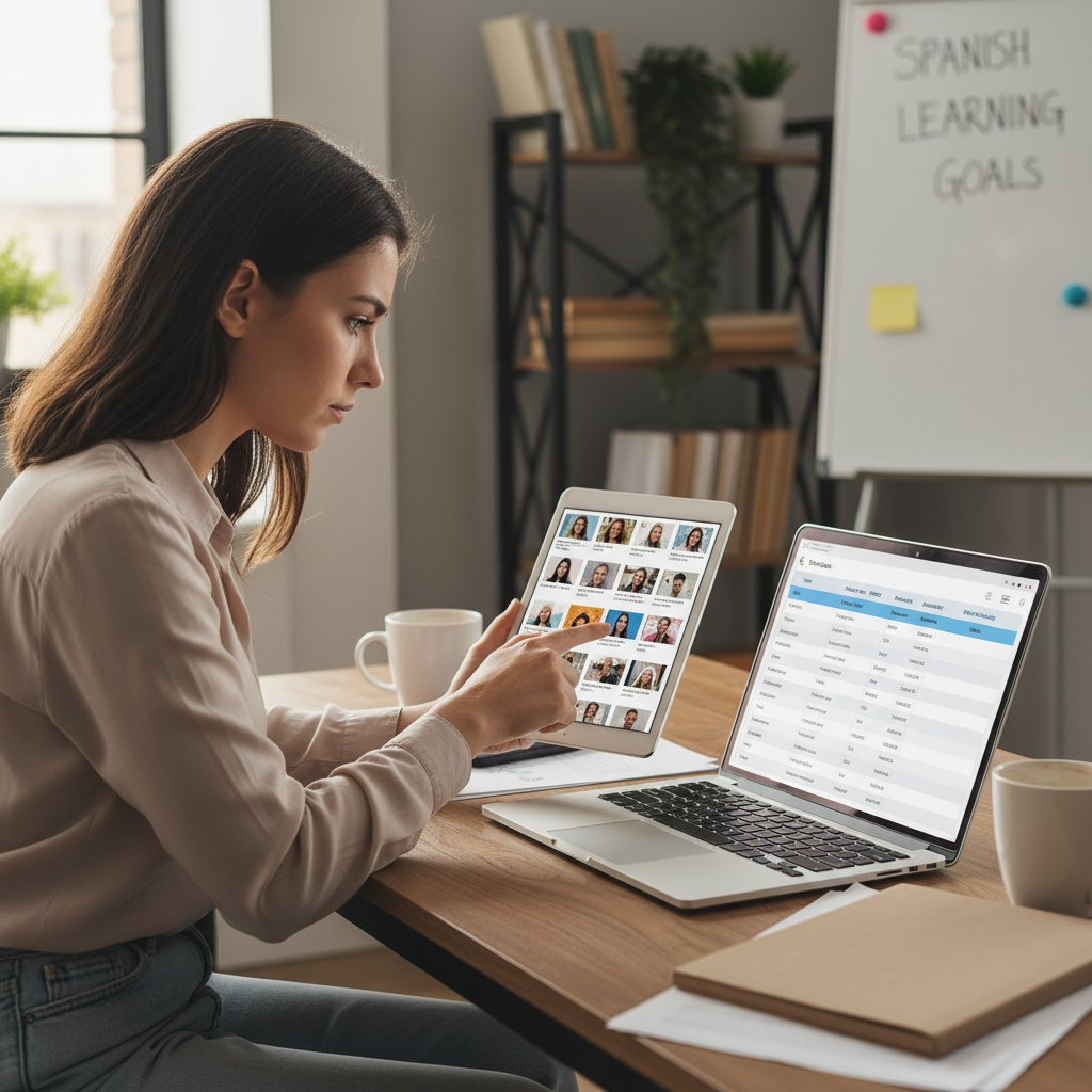 Osoba porównująca korepetytorów hiszpańskiego online na laptopie