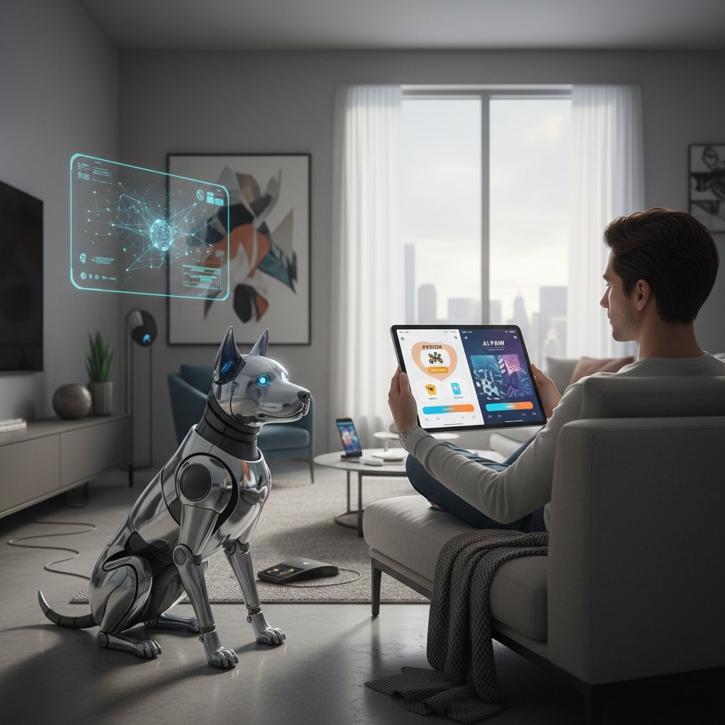 Osoba porównująca różne aplikacje piesków AI na tablecie, nowoczesne wnętrze