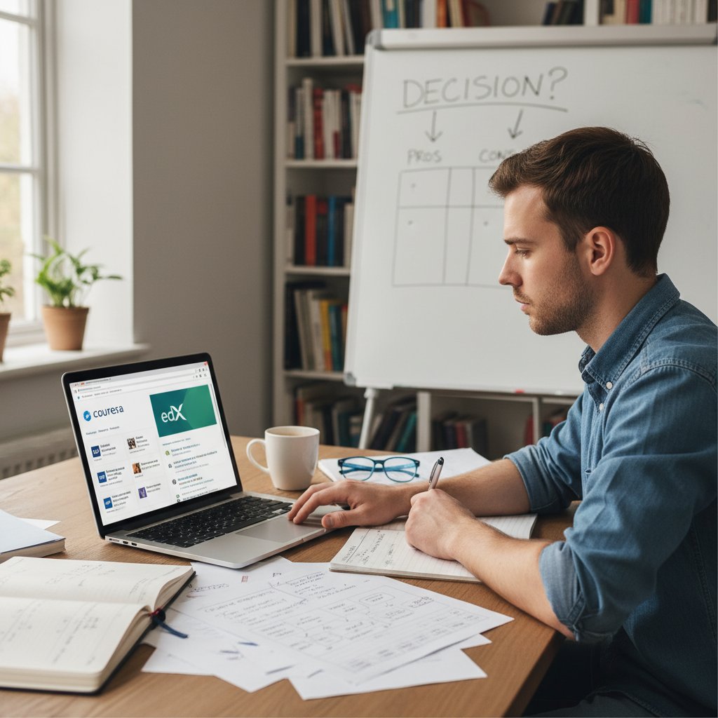 Osoba porównująca oferty platform edukacyjnych na laptopie, notatki obok, atmosfera analizy i decyzji