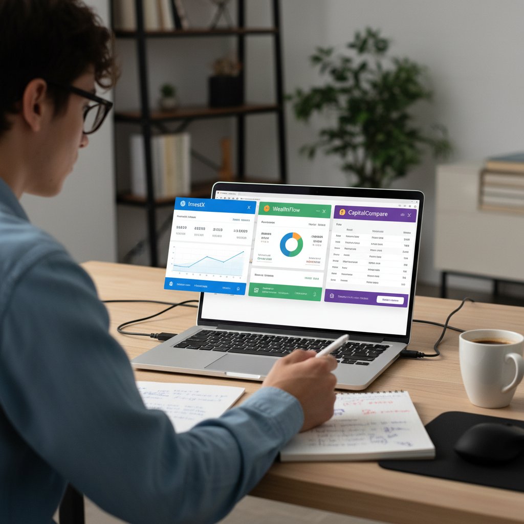 Osoba porównująca na laptopie różne platformy do analizy finansowej online
