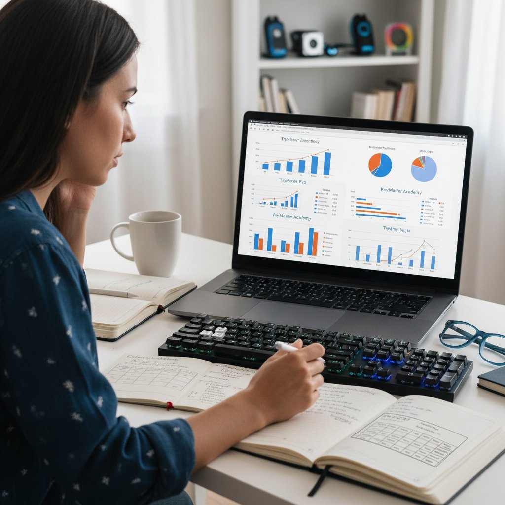 Osoba porównująca ceny różnych platform do nauki keyboardu na laptopie z widocznymi wykresami cen