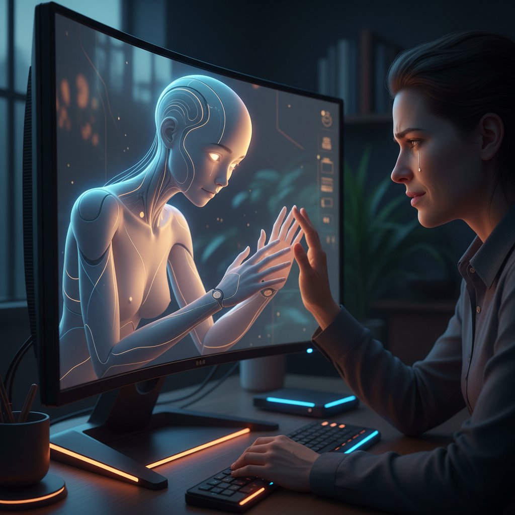 Osoba rozmawiająca przez komputer z awatarem AI na ekranie, kontrast między człowiekiem a technologią