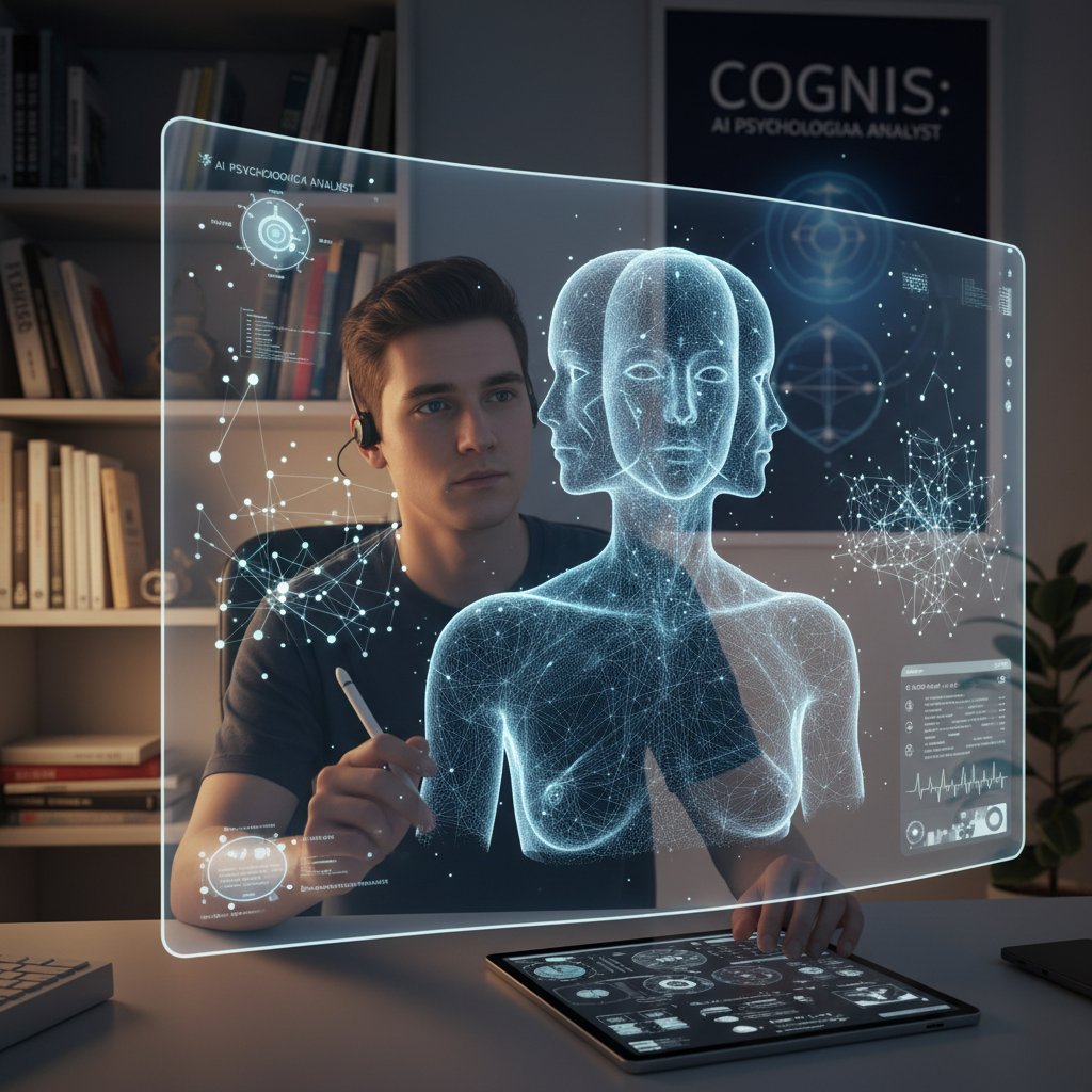 Osoba wpatrzona w ekran, obok cyfrowy avatar AI analizujący odpowiedzi – analiza testu psychologicznego online AI