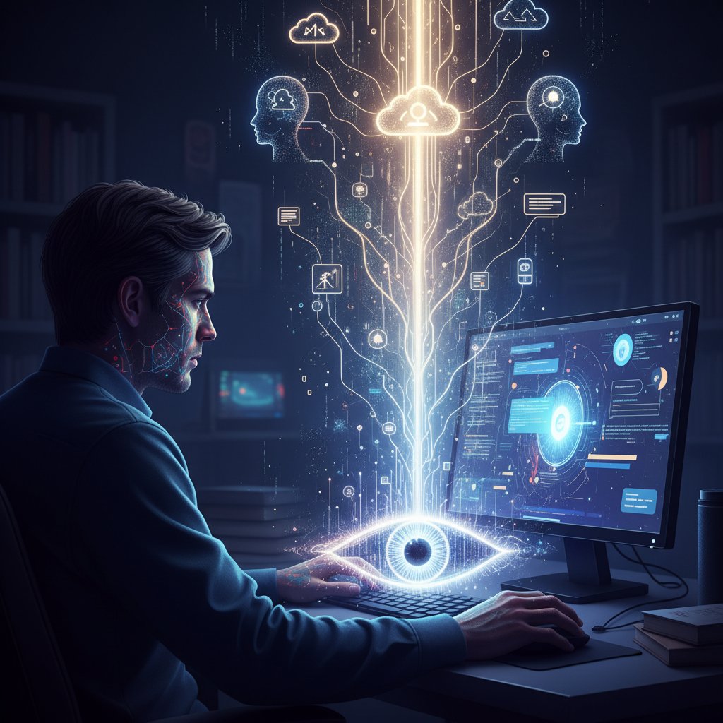 Osoba siedząca przed komputerem, rozmawia z AI, symboliczne światło