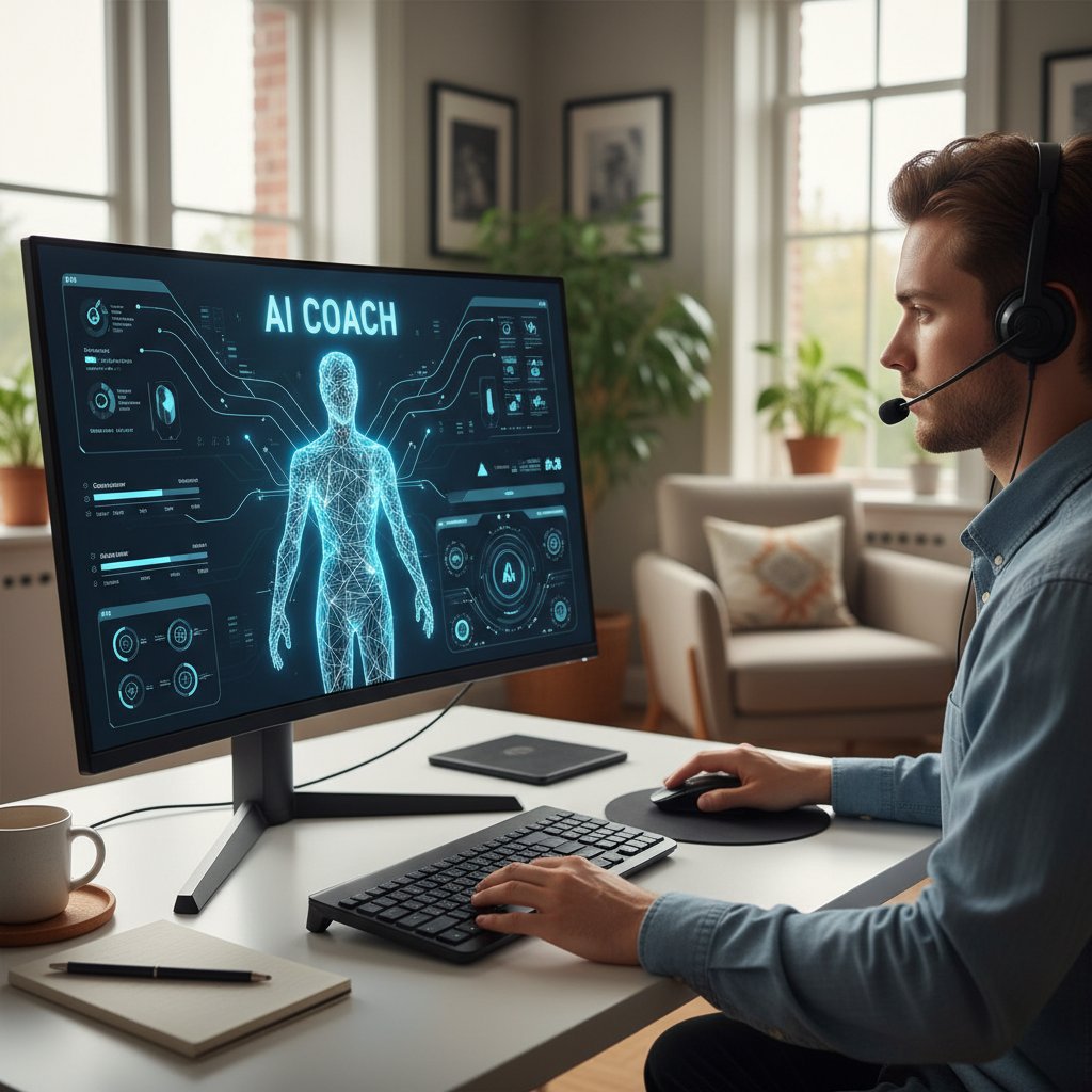 Osoba pracująca przy komputerze, na ekranie wyświetlona aplikacja AI wspierająca rozwój psychologiczny