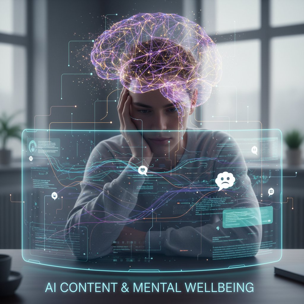 Mensch vor Monitor mit KI-generierten Inhalten zu psychischer Gesundheit, Datenströme und Code sichtbar