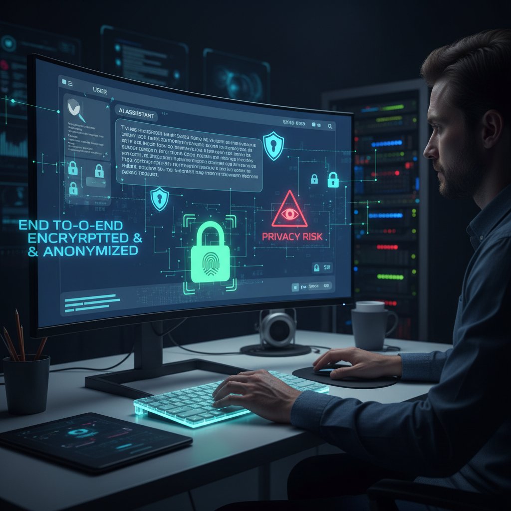 Osoba zabezpieczająca swój komputer podczas rozmowy z AI, symbolizująca ochronę prywatności emocjonalnej