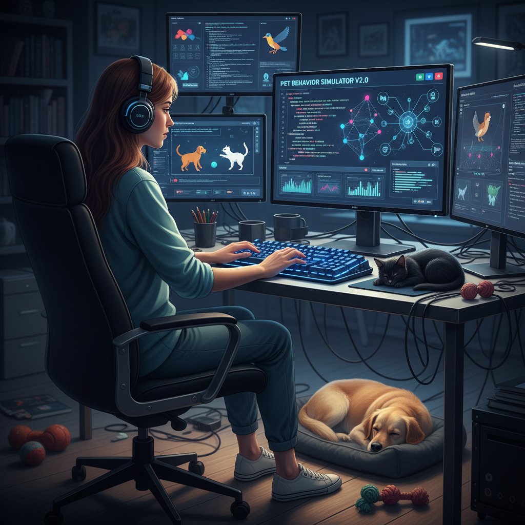 Osoba programująca AI do symulacji zachowań zwierząt, komputer, kod, symulator opieki nad zwierzętami domowymi
