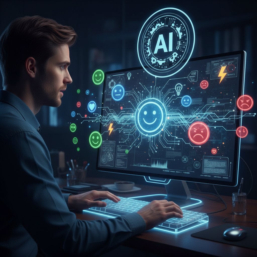 Młoda osoba przy komputerze, ekran z symbolem sztucznej inteligencji i emotikonami – wizualizacja technologii AI przyjaciela