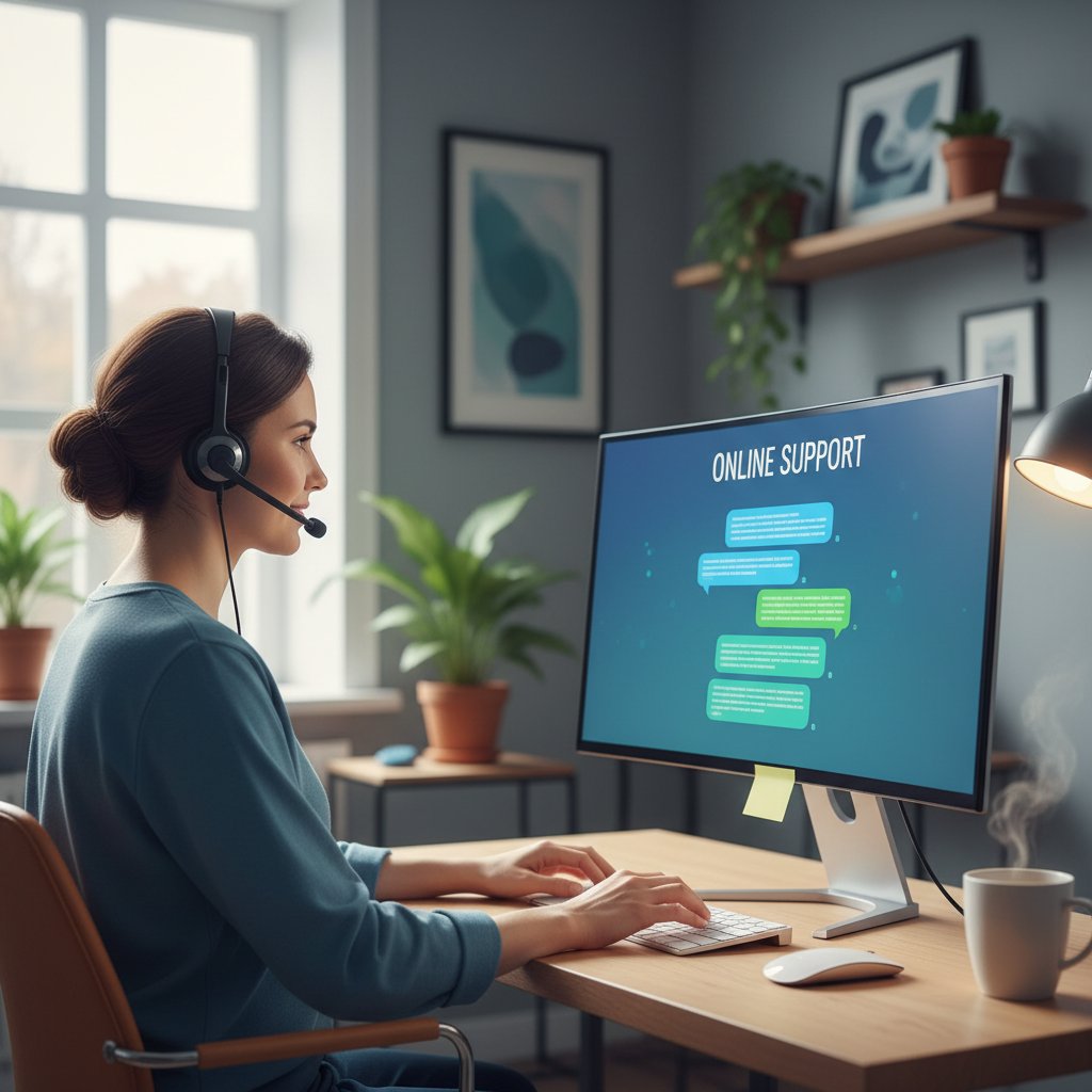 Osoba korzystająca z komputera, spokojna twarz, w tle widoczna platforma wsparcia online