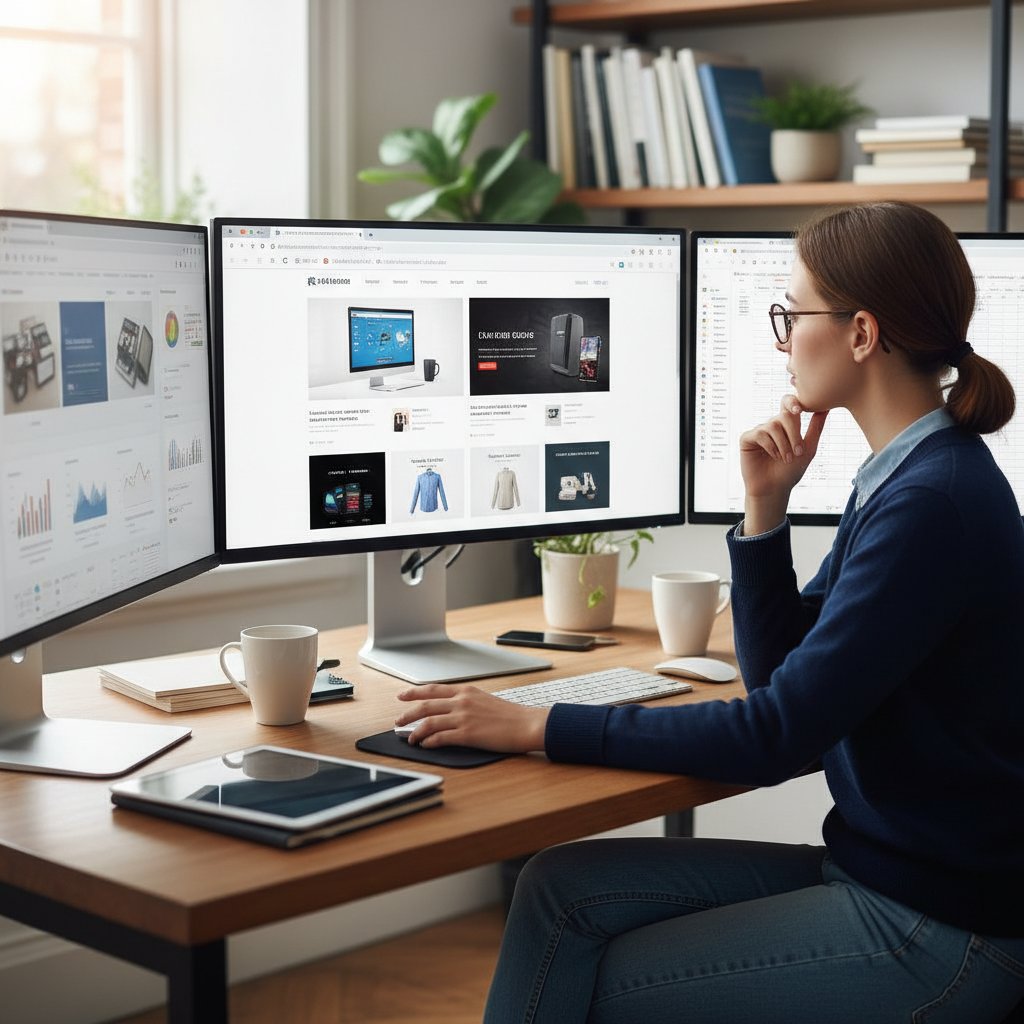 Osoba przed komputerem porównująca różne strony czatów w dwóch otwartych oknach przeglądarki