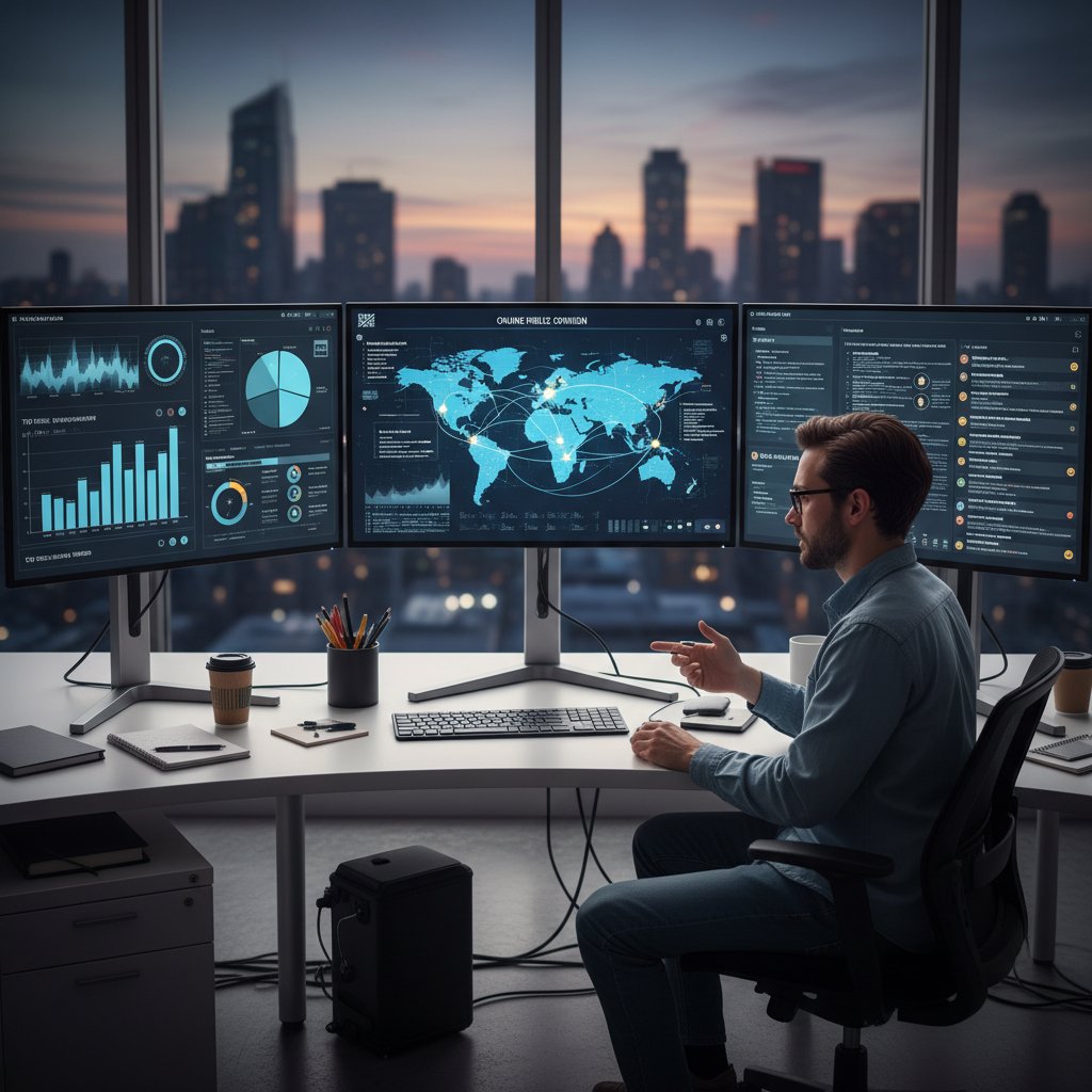 Osoba analizująca dane na komputerze, wykresy i komentarze na ekranie – samodzielna analiza opinii publicznej online