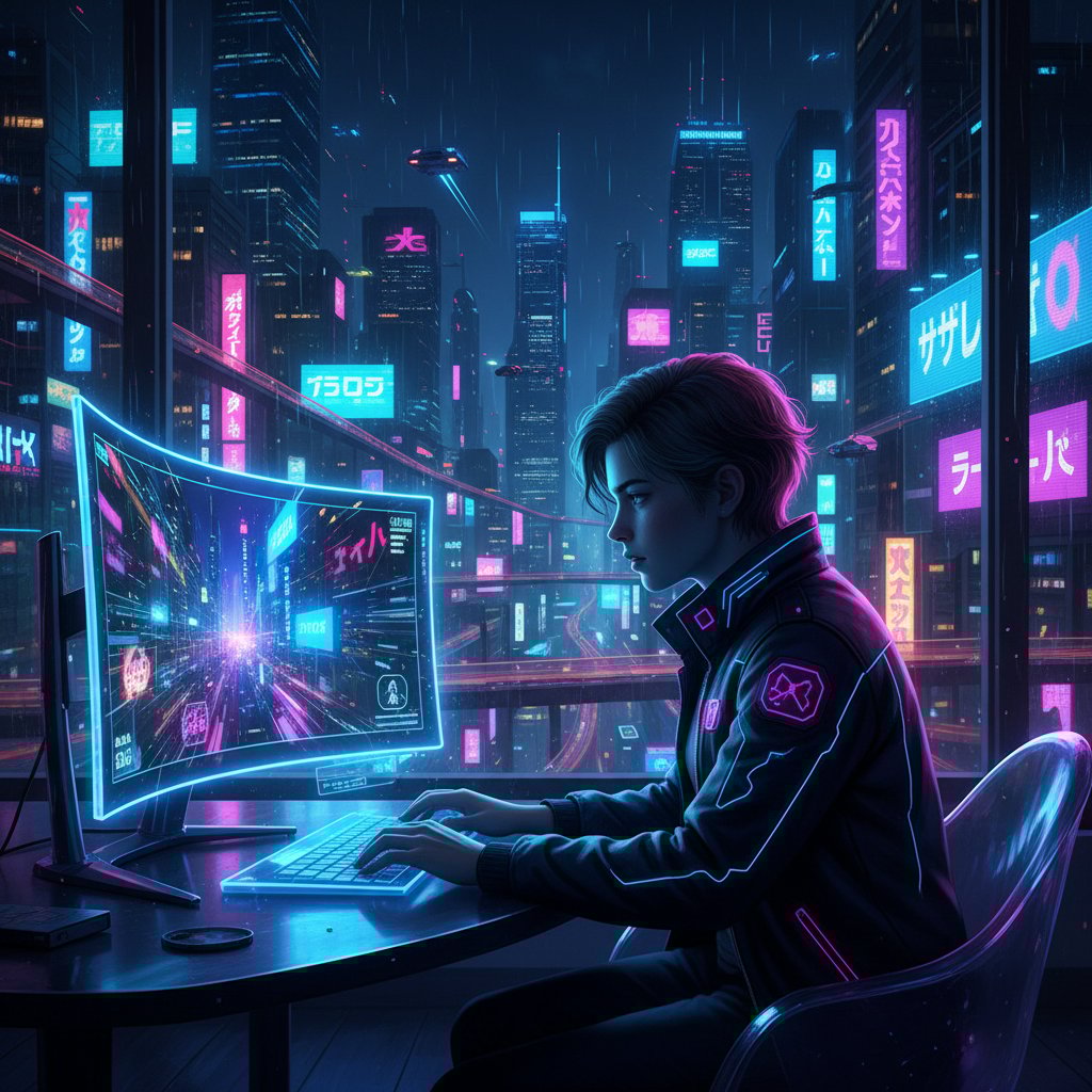 Osoba pracująca nocą przy komputerze analizującym dane o skalowaniu AI, w tle cyfrowe miasto pełne neonowych kodów i chmura danych
