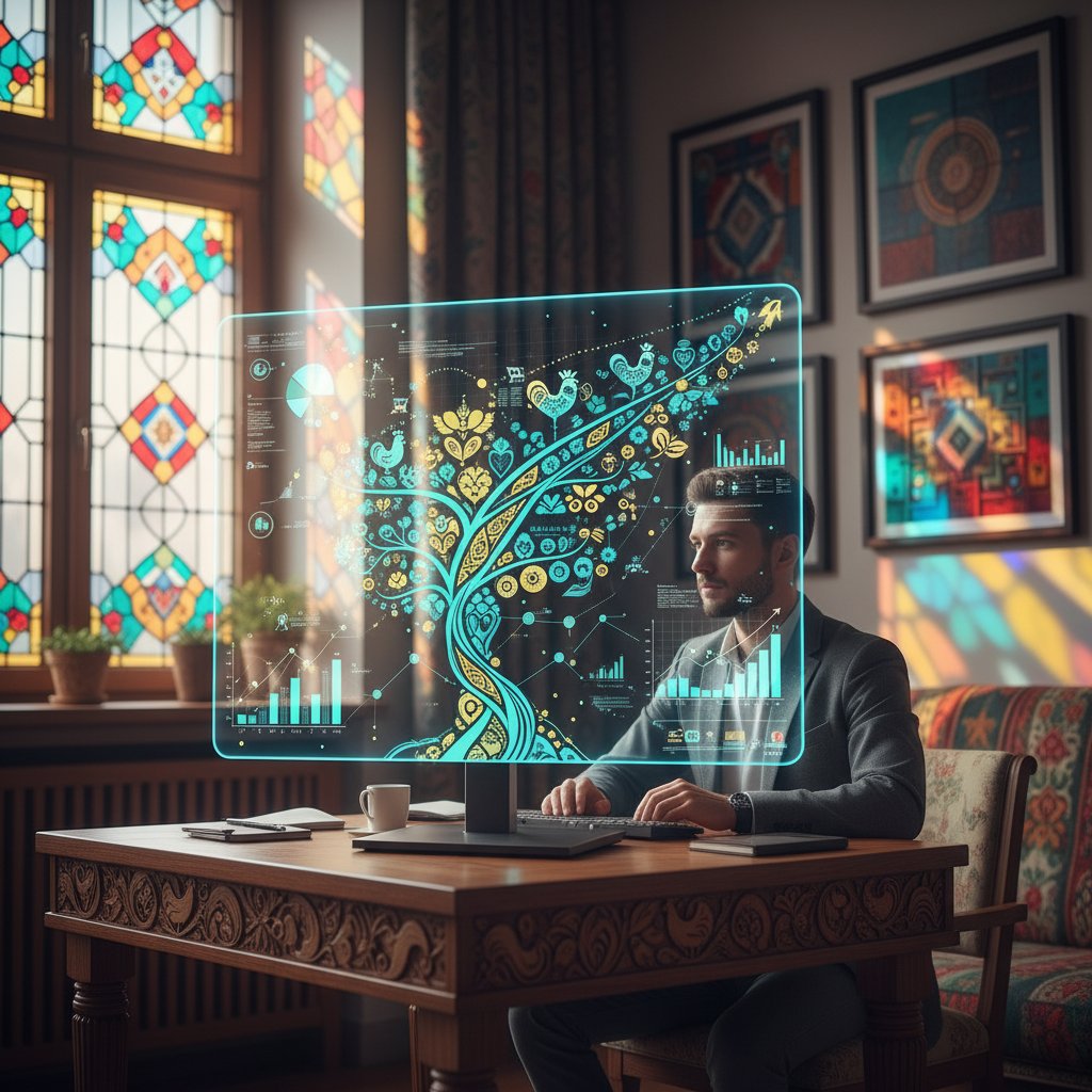 Symboliczny obraz cyfrowego rozwoju – osoba z komputerem, z którego wyrastają cyfrowe pnącza, polskie motywy