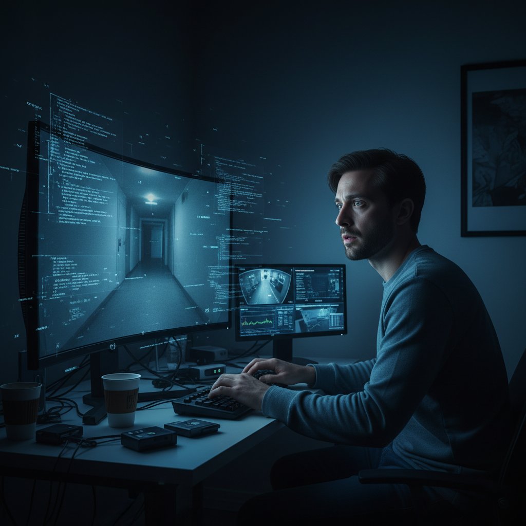 Zdjęcie osoby wpatrzonej w ekran komputera, otoczonej cyfrowymi iluzjami, wyraz skupienia i niepewności