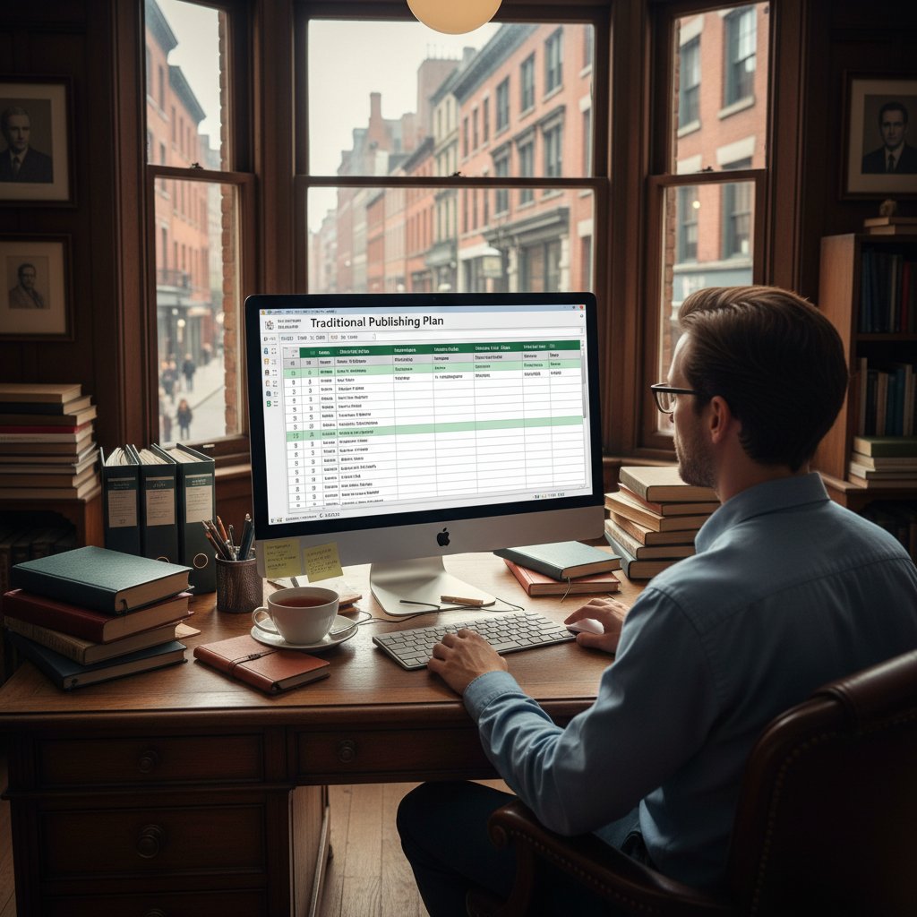 Osoba pracująca przy komputerze z otwartym Excelem, planowanie publikacji w tradycyjny sposób