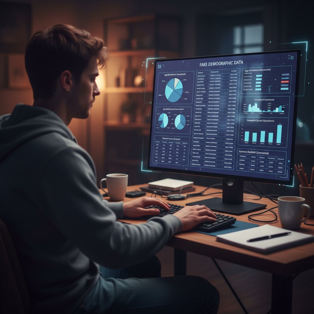 Osoba przy komputerze z zamazaną twarzą, analizująca fałszywe dane demograficzne na ekranie