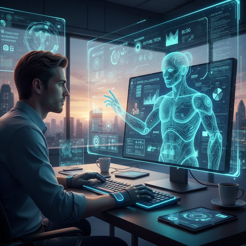 Osoba pracująca przy komputerze, obok holograficzna postać symbolizująca wirtualnego pracownika AI, wspólna praca nad blogiem, innowacyjna atmosfera