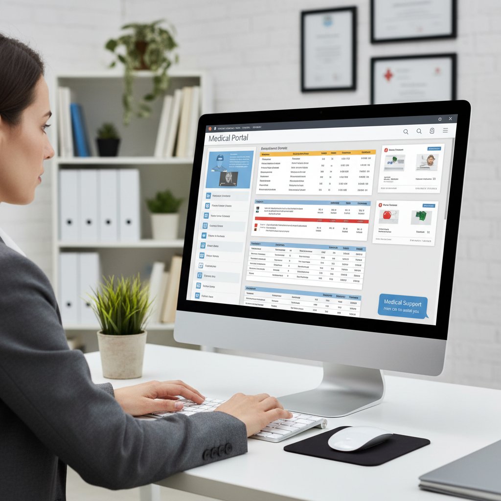 Osoba siedząca przy komputerze, przeglądająca portal medyczny, atmosfera wsparcia i profesjonalizmu
