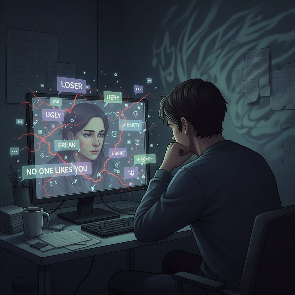 Ilustracja osoby zamyślonej przed komputerem, otoczonej negatywnymi chmurkami tekstowymi, cyberprzemoc w sieci