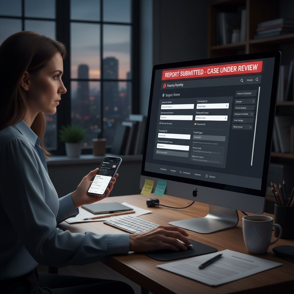 Osoba zgłasza oszustwo przez portal internetowy, atmosfera powagi, ekran z formularzem zgłoszeniowym