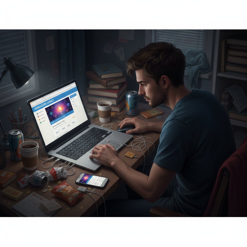 Osoba zamyślona przed ekranem komputera z otwartym horoskopem – ilustracja uzależnienia
