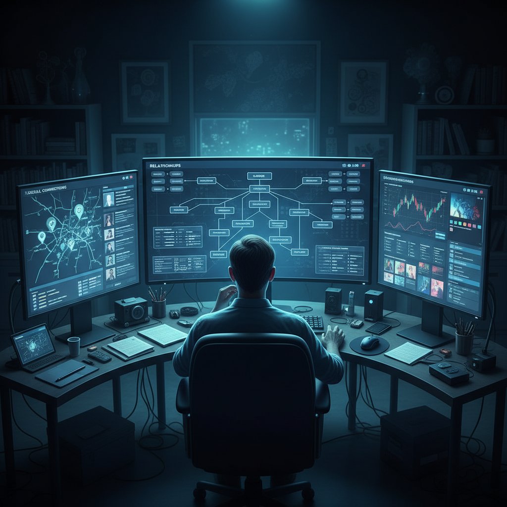 Osoba przy komputerze wśród setek możliwości i ekranów wyboru