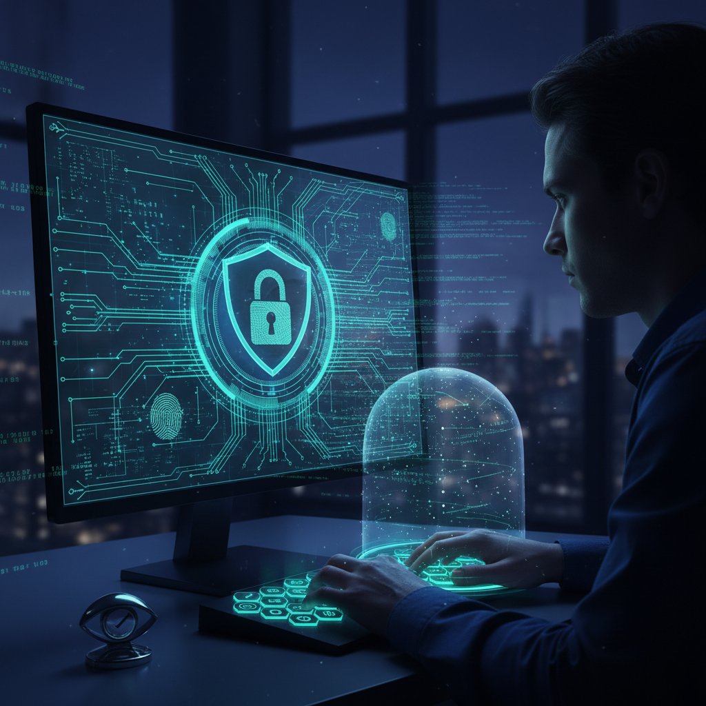 Osoba wpatrująca się w ekran komputera z refleksją, motyw prywatności i bezpieczeństwa cyfrowego