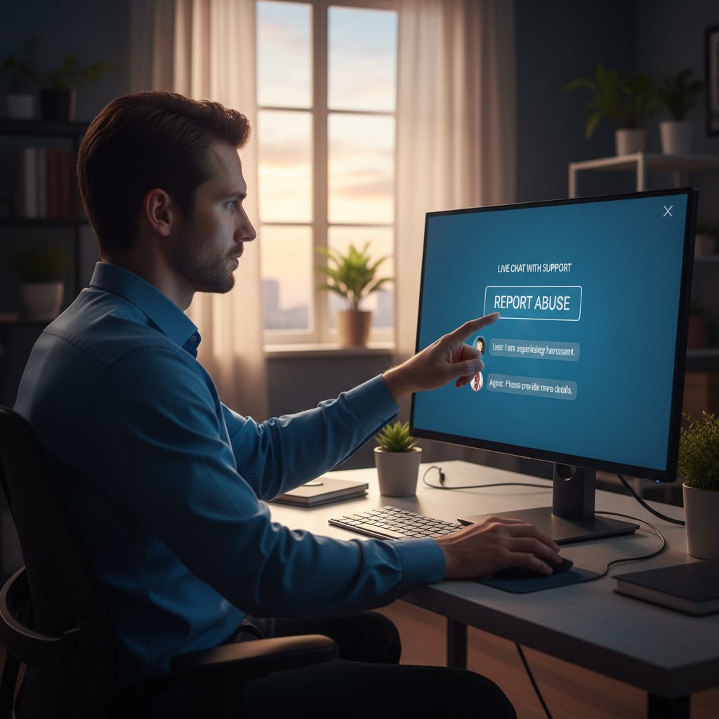 Osoba przy komputerze klika przycisk „Zgłoś nadużycie” podczas rozmowy na żywo