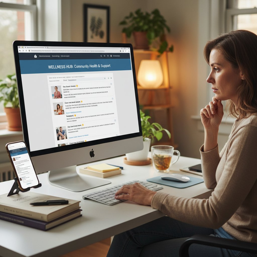 Porównanie osoby siedzącej przy komputerze, obok smartfon z uruchomionym chatbotem, a w tle ekran z forum zdrowotnym