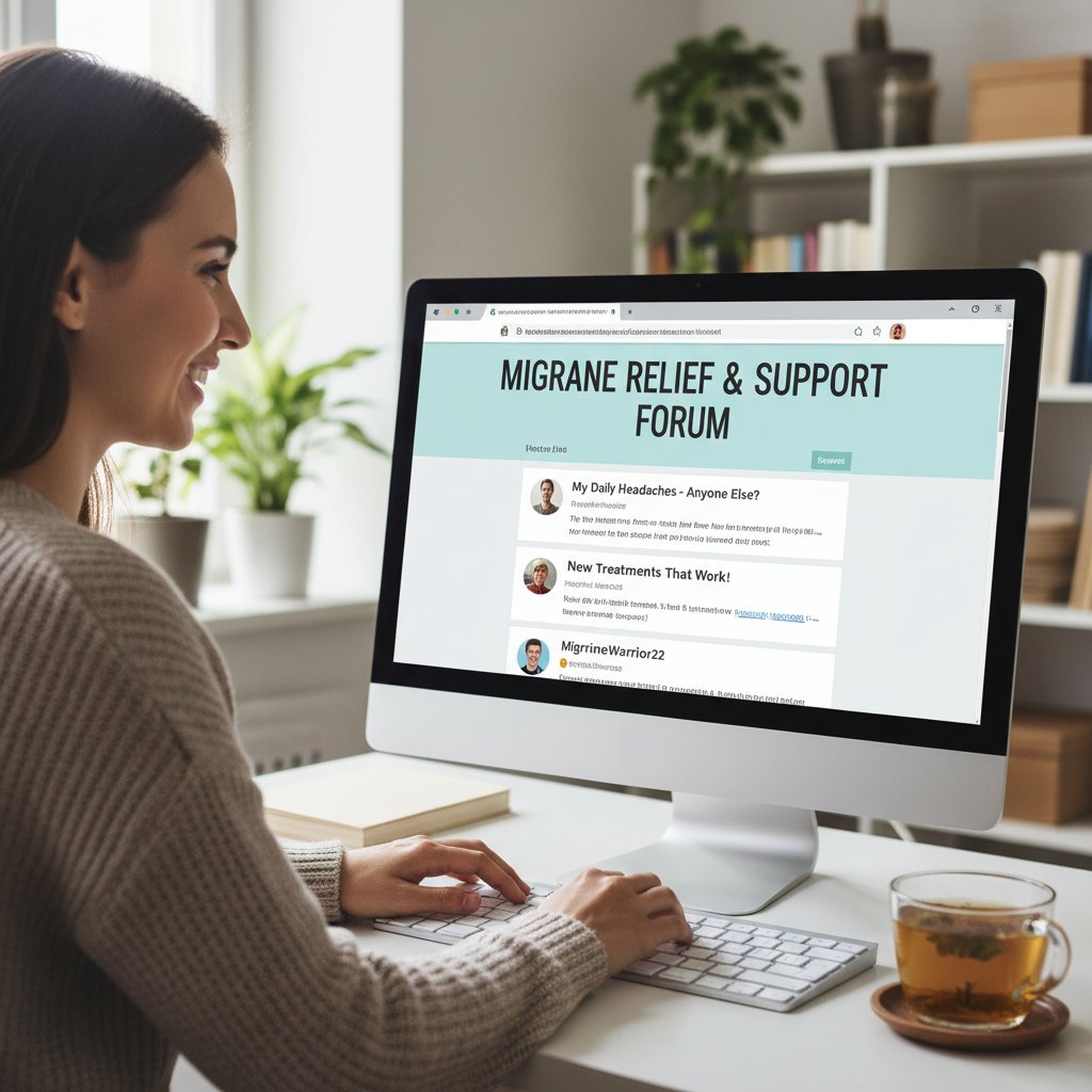 Osoba z uśmiechem siedząca przy komputerze, na ekranie widoczne forum internetowe o migrenie